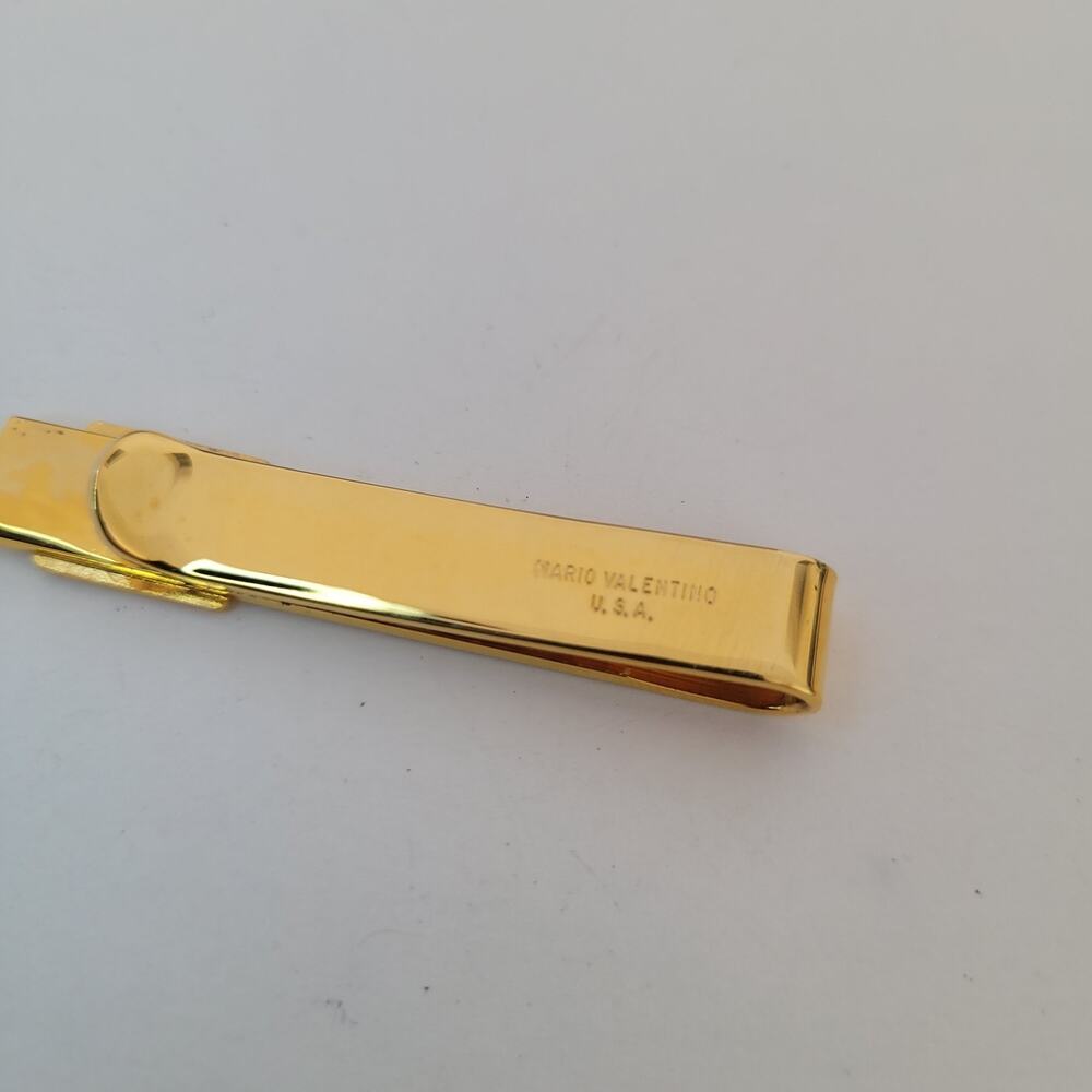 Mario Valentino MV USA Vintage Tack Tie Clasp Clip Bar Gold Black Retro Logo - Picture 5 of 6